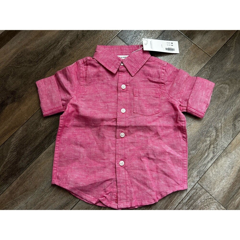Janie and Jack Linen Blend Roll Cuff Shirt Red Preppy 6-12 Months New With Tags